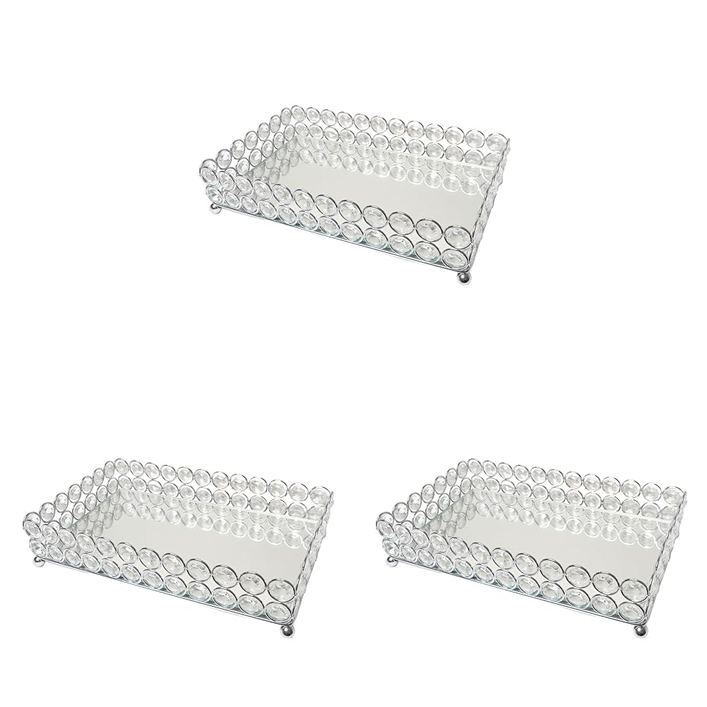 Elegant Designs HG1010-CHR Elipse Crystal Decorative Mirrored Jewelry or Makeup Cosmetic Perfume Vanity Organizer Tray, Chrome (Pack of 3) Image