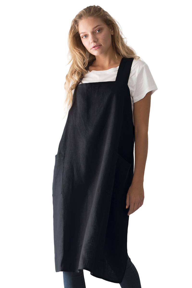 Bunny Street Pinafore Apron - Premium Quality Linen Japanese Apron for Women - No Ties Cross Back Apron for Kitchen, Craft, Garden - Black Smock