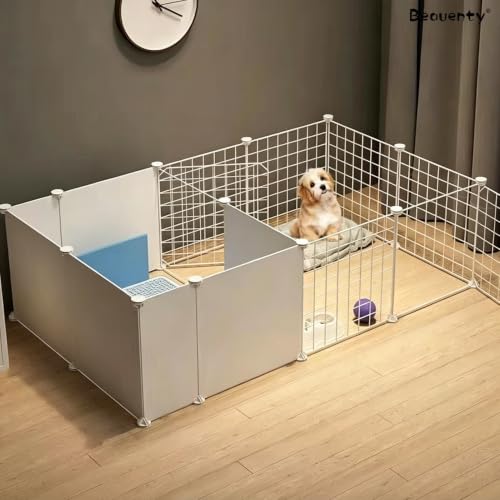 Beauenty Pet Playpen with Toilet Area, Portable Dog Fence for Isolation, Free Combination Pet Play Fence for Indoor and Outdoor, Easy to Assemble, White (127 * 75 * 47cm)