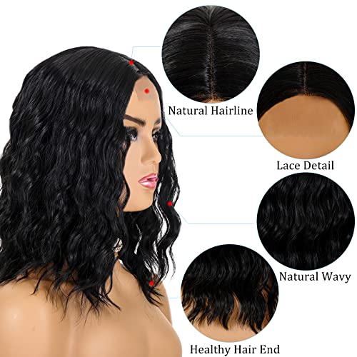 POPTAIYU Short Black Curly Wig Synthetic Shoulder Length Lace Front Wigs for Women Middle Part Wavy Bob Hair for Daily Party Use (Black,14 inch)
