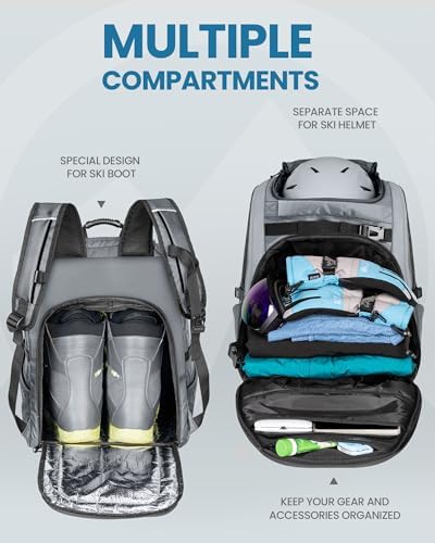 Sac à dos imperméable pour bottes de ski, de snowboard, de ski, de snowboard et d'accessoires - 65 L - Gris argenté
