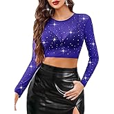 Avidlove Mesh Top Women Rhinestone Sparkly Long Sleeve Sheer Crop Top See Through Shirt Glitter Going Out Tops