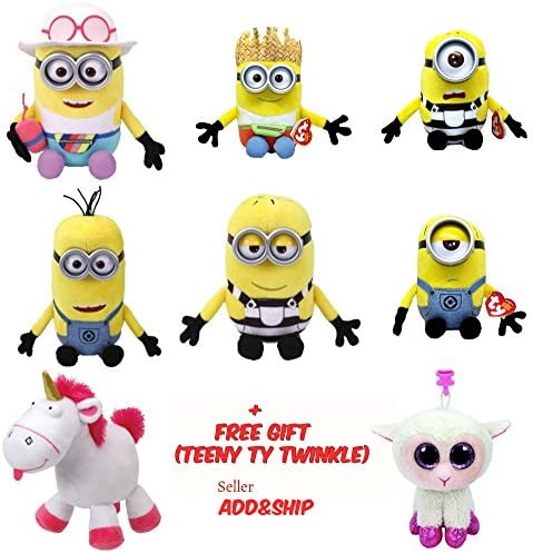 TY Beanie Babies Regular Plush - Minions (Despicable Me 3) Jerry, Carl, Dave, Mel, Tim, Tom and Fluffy - SET of 7 ,FREE GIFT WITH PURCHASE (Teeny ty of minions ) - By ADD&amp;SHIP