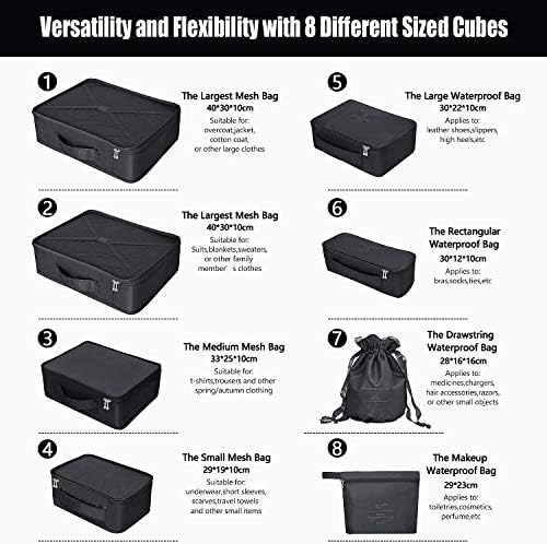 Packing Cubes 8 Sets/7 Colors Latest Design Travel Luggage Organizers Include Waterproof Shoe Storage Bag Convenient Packing Pouches for Traveller (Black) 3 Packing Cubes 8 Sets/7 Colors Latest Design Travel Luggage Organizers Include Waterproof Shoe Storage Bag Convenient Packing Pouches for Traveller (Black)