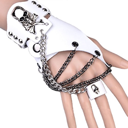 Minibee Fingerless Stud Metal Skull+chain Gloves Cycling Rock Gothic Punk Style Gloves a Pair (White Pure)