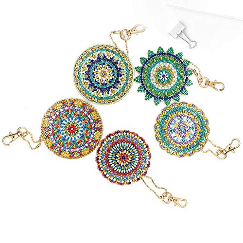 5D DIY Diamond Painting Keychain, 5pcs Mandala Shape, Mosaic Making Full Drill Special Shape Diamond Painting Kit for Bags, Smartphone Straps, 5 Pack - Thumbnail 2