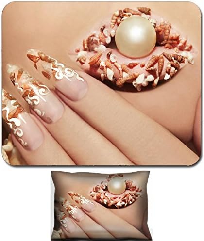 Liili Mouse Wrist Rest and Small Mousepad Set, 2pc Wrist Support Design with these sea shells inside nails and lips with a pearl on a woman s face 27912665