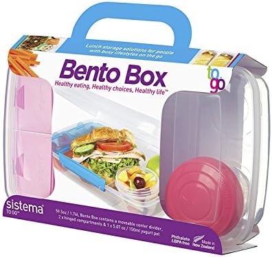 Sistema to Go 59.5 Ounce/1.65 Liter Large Bento Box with Moveable Divider, Hinged Snack and Dip Compartments, and Yogurt Pot (Pink)