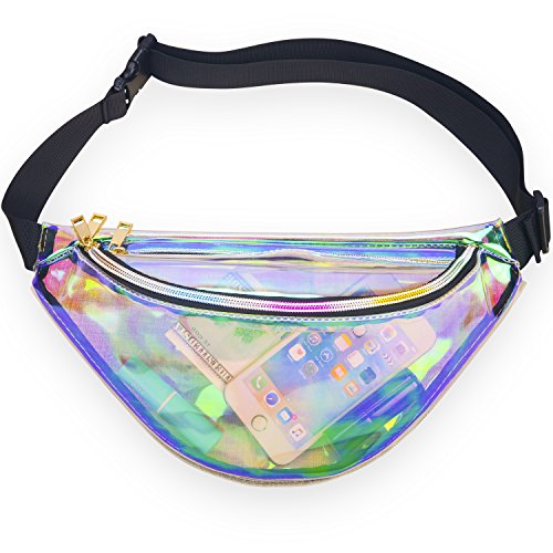 Miracu Holographic Fanny Pack, 80s Fanny Packs for Women and Men, Shiny Waist Pack Bum Bag Fashion for Rave, Festival, Party, Travel (Clear Holographic)