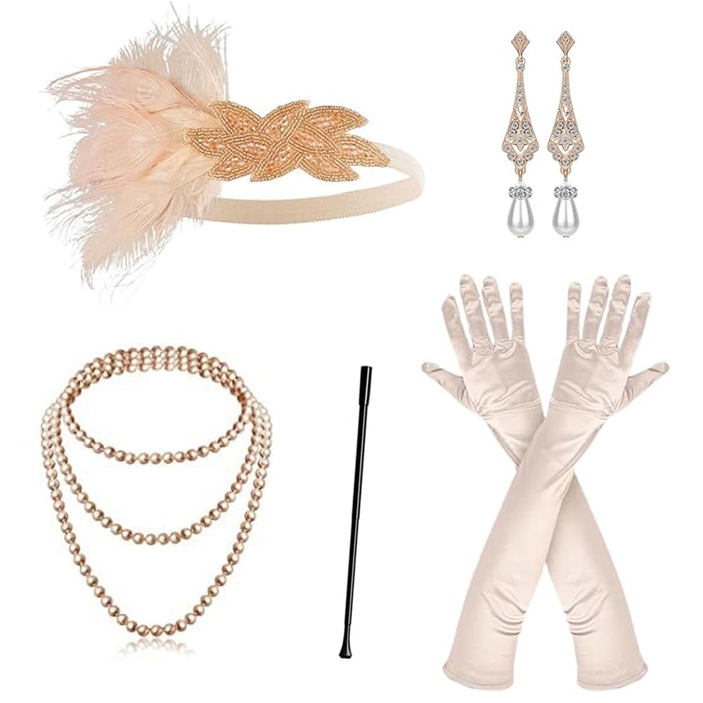 Photo 1 of 1920s Gatsby Accessories Set for Women Flapper Costume 20s Flapper Headband Pearl Necklace Gloves Plastic Holder