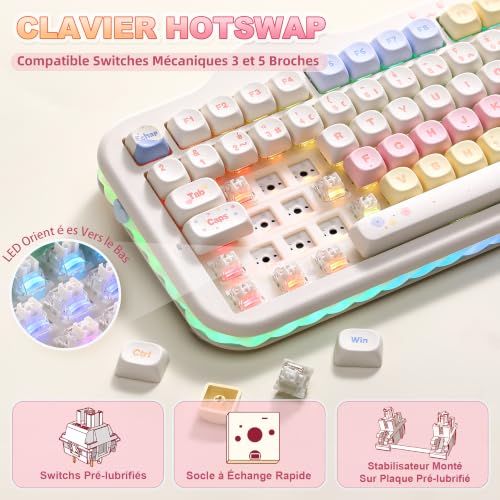 YUNZII C98 FR French AZERTY 100 Keys PBT Mechanical Wireless Gaming Keyboard with Numeric Keypad, Bluetooth/2.4GHz/USB‑C Wired, RGB, Gasket, Cake Theme for Windows/Mac (Beige, Milk V2 Switch)