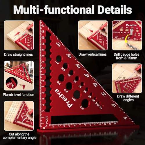 Carpenter's Square Set, Preciva Metric Marking Gauge and Triangles Carpenter's Angle Set with Construction Pencil, Combination Angle Ruler Made of Aluminium Alloy for DIY, Woodworking, Home Work