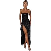 JUMISEE Women's Elegant Glitter Strapless Maxi Dress Sexy High Slit Ruffle Bodycon Cocktail Dress Evening Gown