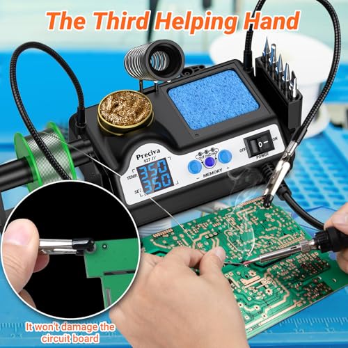 Preciva 927 IV Soldering Station Kit, 130W MAX Soldering Iron with 2 Helping Hands,Magnifying Glass,5 Extra Iron Tips,3 Preset Channels, Adjustable Temperature 194°F to 896°F