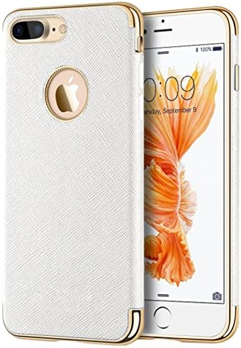Apple Iphone 7 Plus Saffiano Luxury Tpu Case W/ Electroplated Frame / Buttons And Built-In Magnatic Metal Plate - White
