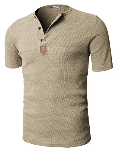 H2H Mens Short Sleeve Henley T-shirts with Waffle Knitted Fabric BEIGE US XL/Asia XXL (JDSK31)