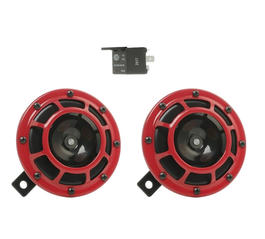 Photo 1 of Hella Stark Sound – 109.23.37 – Red Set 12 V High/Low Frequency Hella Super Tone Horn Set B 133, 12 volt