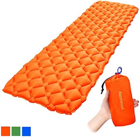 Asommet Ultralight Sleeping Pad, Outdoor Lightweight Inflatable Sleeping Mat/ Pad, Portable Waterproof Air Mattress Pad, Extra Large, Blue Green Orange, Compact for Backpacking Camping Hiking Travel