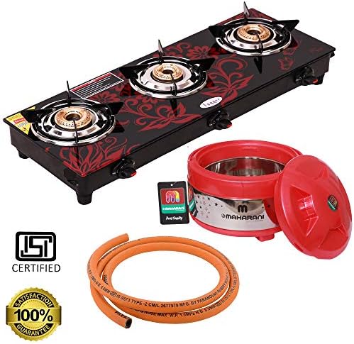 Fogger Digital Red Stainless Steel Body with Toughened Glass Top 3 Tri Pin Burner Gas Stoves with 1.2 Mtr Hose Pipe and Casserole 1800 ML Combo.(Manual Ignition)