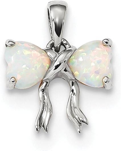 14 Karat Weißgold, weiß-polierter, künstlicher Opal, Schleifen-Anhänger