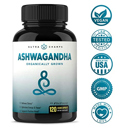 image for NutraChamps Organic Ashwagandha 1200mg - 120 Vegan Capsules w/BioPerin