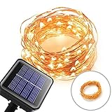 HILLPOW Solar Outdoor LED String Lights Flexible Copper Wire Fairy Lighting ,8 Modes 33ft 100 LED for Indoor and Outdoor,Halloween,Christmas,Garden,Patio,Wedding,Holiday Decorations (warm white)