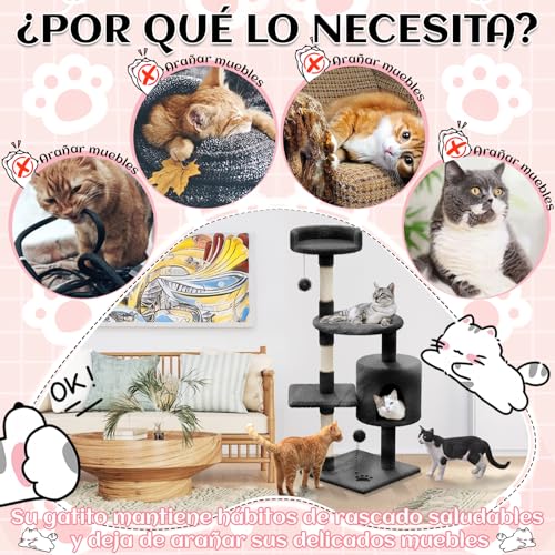 KongJies Torre para Gatos, 4 Niveles Torre Árbol Rascador con Poste Rascador, Torre Pequeño de Gatos con Plataforma Acolchada y Pompón, para Gatos Pequeños Medios (Gris Oscuro)