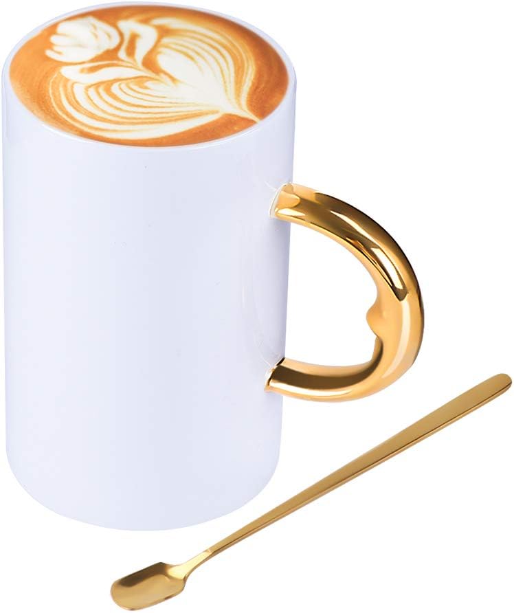 Ceramic Coffee Mug White Bone China Mug Gold Valentine day gift Handle With Spoon 13oz Tarpul