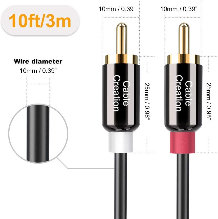 RCA Cable,CableCreation 10FT 2RCA Male to 2RCA Stereo Audio Cable Gold-Plated Compatible with Speaker, AMP,Turntable,Receiver,Home Theater, Subwoofer,Double Shielded,3M: Home Audio & Theater