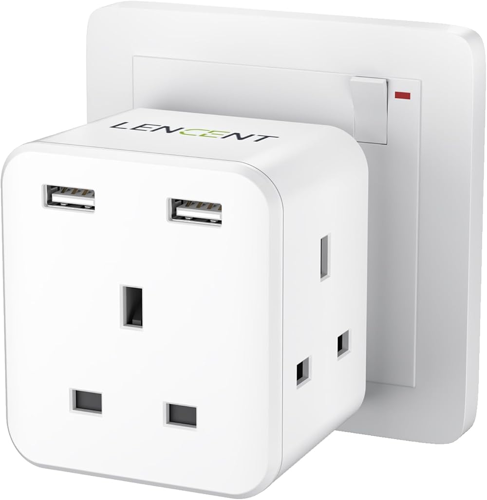 LENCENT 5-in-1 Cube USB+3AC Outlets 13A 3250W Wall Plug Extender UK