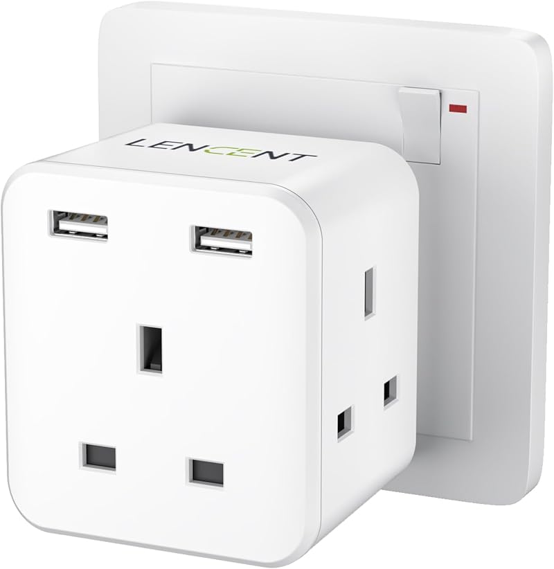 LENCENT 5-in-1 Cube USB+3AC Outlets 13A 3250W Wall Plug Extender UK