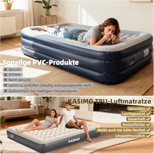 KASIMO TPU Air Mattress Self-Inflating, Air Bed for 2 People, Guest Bed with Integrated Electric Pump, Inflatable Mattress with Cushion, Air Mattress 190 x 150 x 22 cm for Guests at Home and Camping