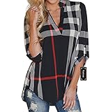 Womens Loose Chiffon Tartan Check Blouse Plaid V Neck Shirt Tops