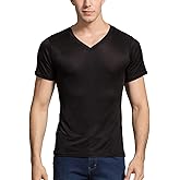 Grenasasilk Mens Silk T-Shirts Short Sleeve Mulberry-Silk Tee Tops Breathable & Moisture V-Neck Undershirt