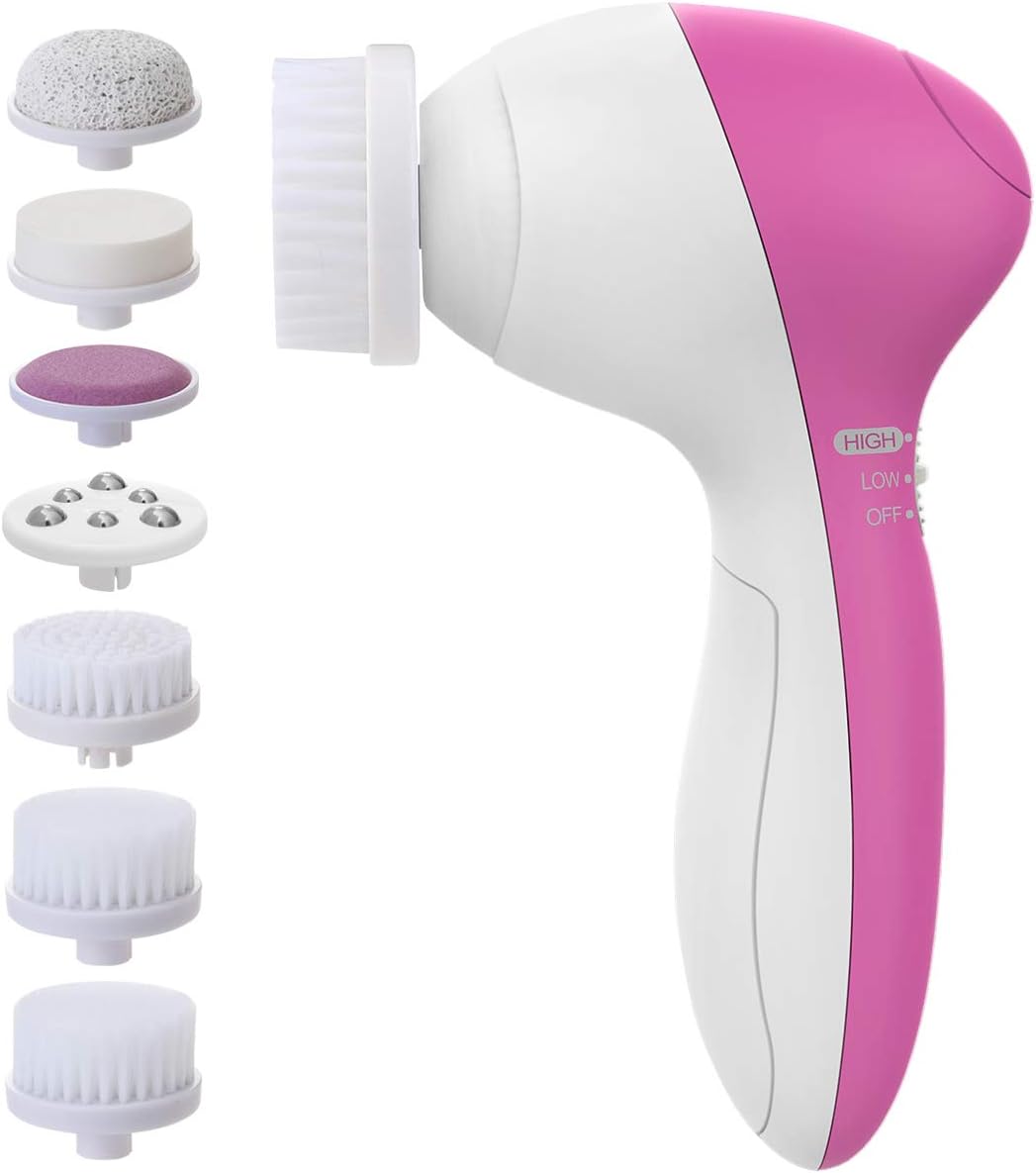 Face Brush, PIXNOR P2017 New 7in1 Facial Cleansing Brushes Waterproof and Electric for Deep Cleansing, Gentle Exfoliating, Removing Blackhead and Massaging (Rosy Red)