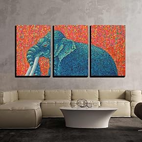 3 Piece Canvas Wall Art - Blue Elephant 2010. Original Acrylic Painting on Canvas.Tradition Thai Painting - Modern Home Art Stretched and Framed Ready to Hang - 16"x24"x3 Panels