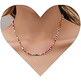 Allereyae Vintage Seed Bead Chain Necklace Rainbow Seed Bead Necklace Multicolored Choker Necklace Rice Beaded Choker Necklace for Women