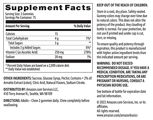 AMAZON BASICS VITAMIN C GUMMIES, SOUR ORANGE FLAVOR, 250 MG, 150 COUNT, VEGETARIAN, IMMUNE HEALTH SUPPORT (PREVIOUSLY SOLIMO)