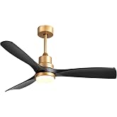 52" Modern Black and Gold Ceiling Fan with Light and Remote, 3 Wood Blade