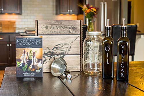 The Olive Oil & Vinegar Infusion Kit | Recipe & Instruction Book w/over 40 Recipes | Set of 500mL Dark Green Square Bottles w/Dispensers | 64oz Ball Mason Jar | Funnel Strainer | Kitchen Thermometer - Thumbnail 2