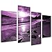 Large Purple Sunset Beach Split Canvas Landscape Wall Art Pictures Set 4 Prints - Contemporary Coastal Artwork - Split Multi Panel - XL - 130cm Wide