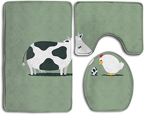 DSEWQ Cow And Chicken Non-Slip Absorbent 3 Piece Soft Flannel Bathroom Mat Set With 20'' X 31'' Bath Mat, 20'' X 16'' Contour Mat And 14'' X 18'' Lid Cover