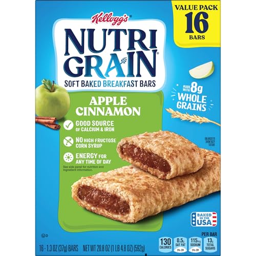 NUTRI-GRAIN BREAKFAST BARS, MADE WITH 10G WHOLE GRAINS, SNACK BARS, APPLE CINNAMON, 20.8OZ BOX, 16 COUNT (PACK OF 3)