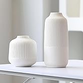 Matte White Vases Home Decor Stripe Centerpieces Modern Boho Ceramic Set of 2 for Flowers Pampas Grass Table Mantle Kitchen Porcelain