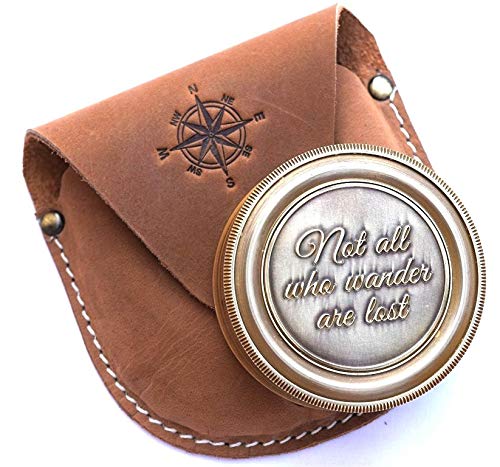 Brass Compass Not All Who Wander are Lost Engraved Pirates Compass Magnetic Navigation Instrument with Leather Case Rustic Vintage Home Decor Gifts