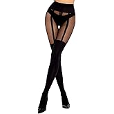 MANZI Mock Suspender Pantyhose for Women Faux Thigh High Stockings Black Over the Knee Goth Sparkly Tights