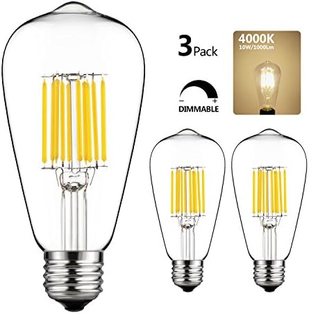 GEZEE 10W Dimmable Vintage Edison LED Filament Light Bulb,ST64 E26 Base Lamp,Neutral White 4000K,1000LM,100W Incandescent Replacement,for Restaurant,Home,Reading Room,Office(3-Pack)