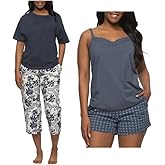 Felina Women's 4 Piece 100% Cotton Sleep Pajama Set, Tee, Tank, Short, and Capri Pant