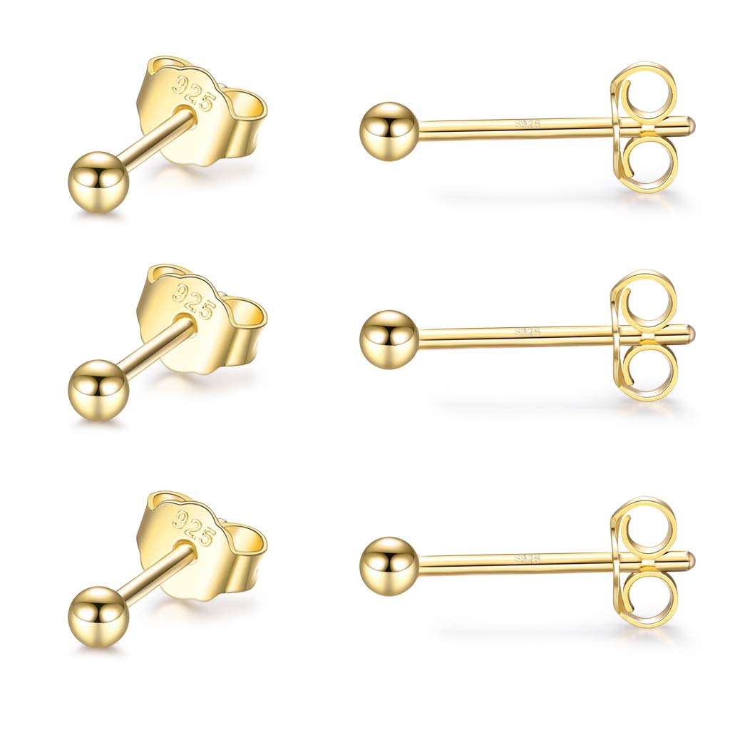 CERSLIMO Silver Stud Earrings for Women Men Girl, 3 Pairs Sterling Silver Tiny Ball Stud Earrings Small Dot Studs Dainty Cartilage Tragus Sleeper Earrings Set (2mm, Gold)