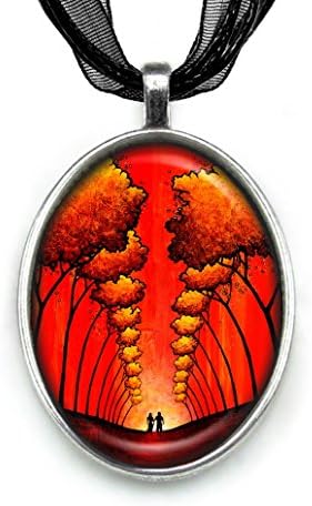 Pendant Necklace Handmade Jewelry Original Art Painting Organza Ribbon Necklace by Artist Carly Landry (Autumn Path)
